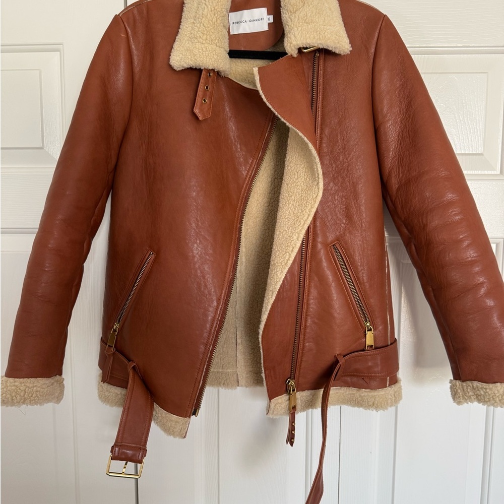 Rebecca Minkoff Sienna Tan Leather Moto Jacket with Cream Shearling - Picture 5 of 9